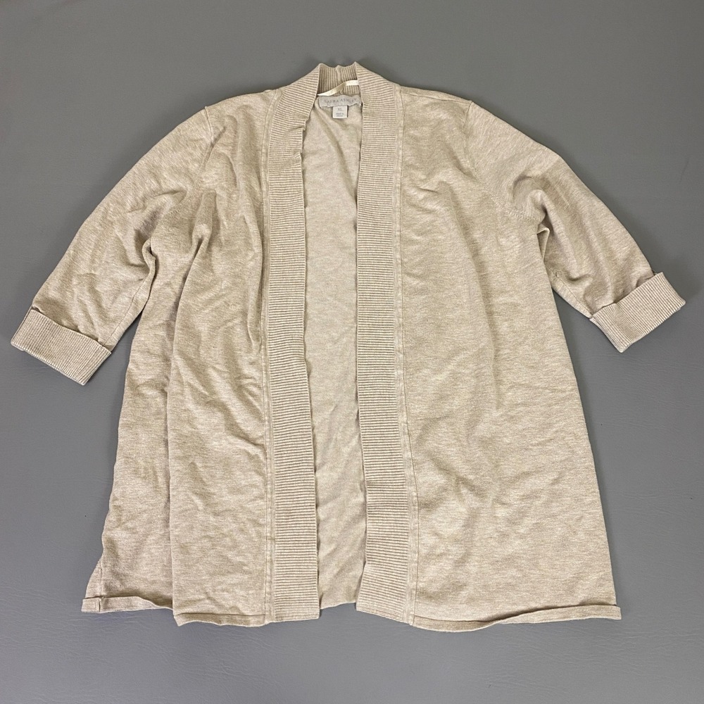 Laura Ashley Cardigan Sweater Women's XL Beige Knit‎  3/4 Sleeve Open Front
